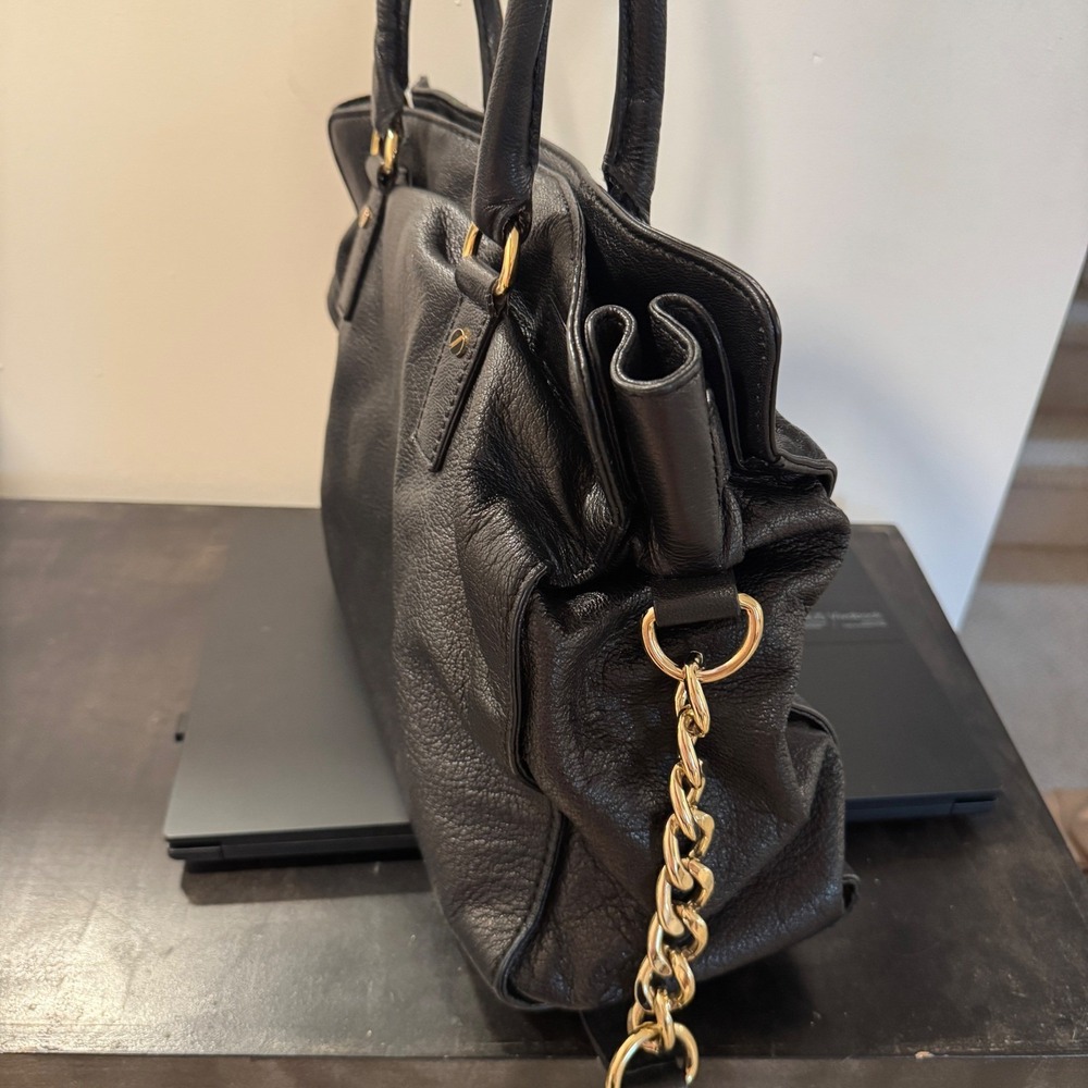 Michael Kors‎ Black Leather Satchel Shoulder Bag Gold Hardware Lock Charm - Picture 3 of 11